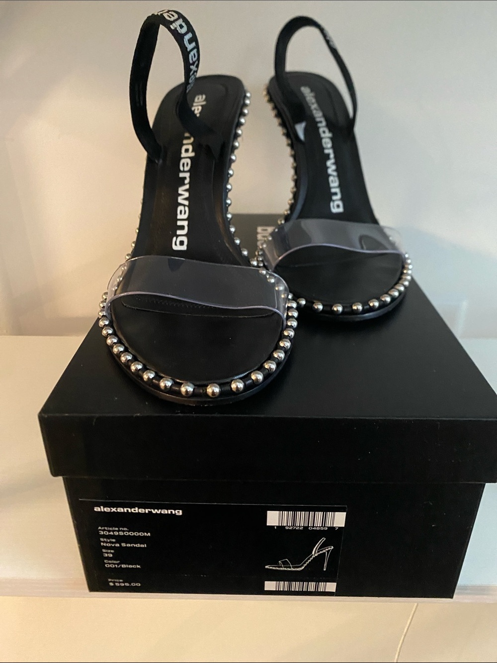 Alexander Wang Black Slingback Studded Sandals with Clear Toe Strap